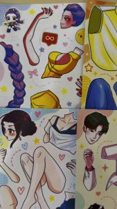 Bộ sticker trang phục anime với các nhân vật hoạt hình bao gồm áo sơ mi quần jean váy áo khoác vest cà vạt giày dép và phụ kiện phù hợp cho trang trí và sáng tạo.