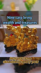 Golden Fish Figurines with Red Orbs on Black Bases 16inchs