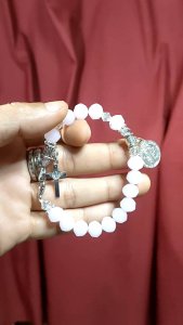 St. Benedict Miraculous Medal Light Pink Crystal Rosary Bracelet with Box Free