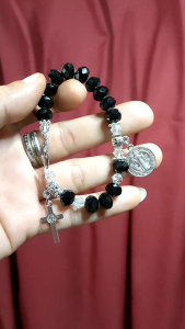 St. Benedict Miraculous Medal Black Crystal Rosary Bracelet with the Box