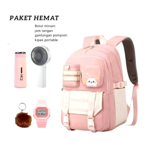 Tas sekolah anak perempuan remaja motif BEAUTIFULL free jam tangan botol minum kaca kipas angin mini gantungan pompom tas ransel anak remaja tas ransel