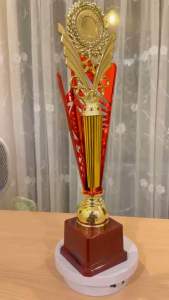 ถ้วยรางวัลชุด 3 ฉลุสีแดง ฐานแดง เปลี่ยนหัวตามกีฬาได้ (ทำป้ายข้อความฟรีทักมาแจ้งนะครับ)