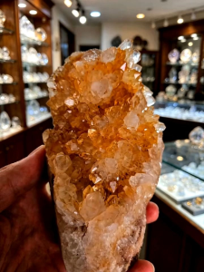 Amber quartz cluster with natural base for display in jewelry store setting.