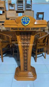 Podium Kayu Jati Premium Ukir Batik - Mimbar Presiden Kantor Hotel Sekolah - FREE Custom Logo