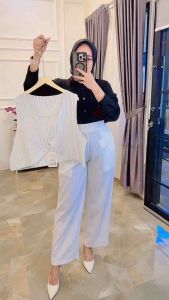 Fiar fashion Ellena Setelan Wanita 3in1 Kemeja  + Vest + Celana Motif Salur Bahan Tweed Premium