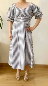 ●ECLAIRE● 063 Dress Midi Lengan Pendek Shortsleeves Leher Hati Motif Stripe Salur Garis-garis Kasual Casual Korea Mode Pesta 799