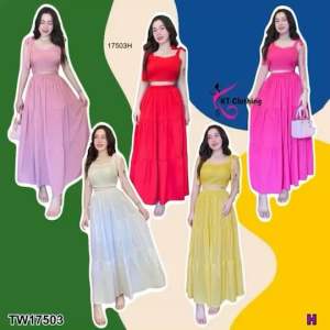 ชิ้น เสื้อครอปสายผูกไหล่สีพื้น 2 ชิ้น + กระโปรงยาวสีพื้น ชุดเที่ยวทะเล สงกรานต์