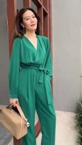 41002.3set2ชิ้น เสื้อแขนยาวทรงคอวีไขว้+กางเกงขายาวมีกระเป๋าล้วงได้2ข้างลำตัว Tag::Mirror Sister