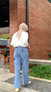 Celana Kulot Panjang Jeans Cargo Pants Wanita Korean Denim Highwaist Loose Premium dua saku samping Terbaru