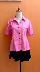 atasan kemeja wanita pink SUMIRE cewek L XL cewek lengan pendek jumbo kerja kuliah