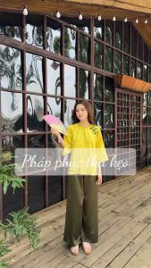 (MA71) Pháp phục đi chùa THUKEO mẫu cổ tết nơ chéo chất lụa gấp kim cao cấp