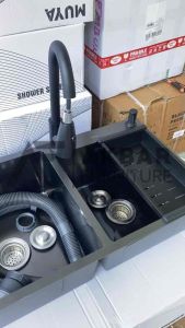 Paket Lengkap Kitchen Sink Hitam 2 Lubang Selang Avur Tirisan Tempat Sabun dan Kran