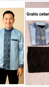 Gratis celana Setelan kemeja kombinasi songket pria dewasa Melayu look kurung Malaysia satin lamaran kerja kondangan wisuda