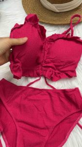 Ship hỏa tốc- set bikini 3 mảnh viền bèo rút dây giữa