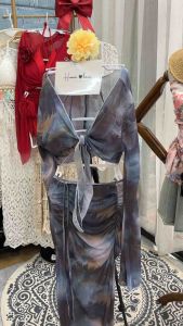 Ship hỏa tốc- set bikini 4 mảnh màu loang xanh đen kiểu chân váy dài xẻ lệch