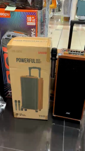 JBR portable speaker with microphone wooden finish 1000W power 8-inch subwoofer travel handle.