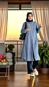 POPPY TUNIK wanita muslimah baju atasan lengan panjang polos salur kemeja perempuan katun premium