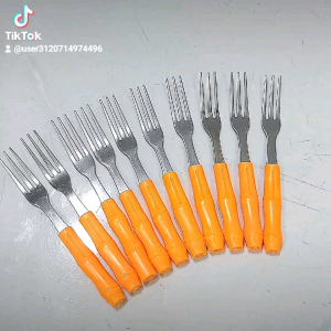 Combo 10 Nĩa ăn trái cây hoa quả inox cán nhựa vàng