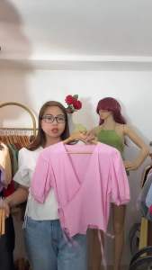 MjBella Fashion Mara Linen  Overlap Wrap Puff Sleeve Blouse