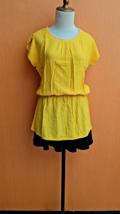 atasan wanita kuning rayon M cewek blouse pinggang karet lengan pendek cute santai