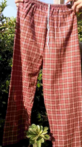 (L03) กางเกงขายาวลายสก๊อต กางเกงผู้หญิง ฟรีไซต์ สายปรับระดับได้ ไม่มีกระเป๋าข้าง