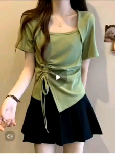Large size womens summer new slim irregular drawstring top design niche square collar short-sleeved T-shirt