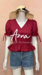 ANNA Puff Sleeves w/ Side Ribbon Vneck Semi Croptop Blouse Korean BKK Trendy Top Women Ria Clothing