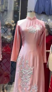 ÁO DÀI NỮ TRUNG NIÊN MẸ SUI HỒNG TÔ CHÂU 2 TÀ THÊU HOA TRẮNG ĐI TIỆC - CƯỚI HỎI