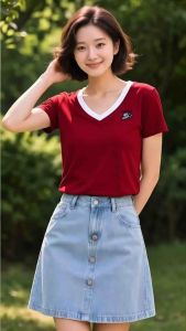Áo thun nữ cổ tim phối viền logo đá - Freesize : 35kg - 65kg