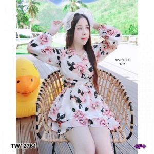 12761  Jumpsuit จั้มคอวีแขนยาว ขาสั้นปลายขาบาน แต่งระบาย ผ้าวูลพีชพิมพ์ดอกไม้