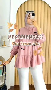 Blus Rempel Susun Pita Bahan Rayon Twill Premium Atasan Wanita Terbaru Blus Wanita Lengan Panjang Kekinian