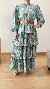 ●ECLAIRE● 003 Dress Maksi Maxi Crepe Longsleeves Highneck Tiered Susun Motif Floral Flower Bunga Anggun Pesta Kondangan Brooklyn Premium 74410