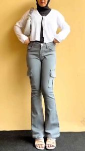 Celana Jeans Cutbray Cargo Highwaist Streach Wanita-HW Cargo Cutbray Streach Terbaru
