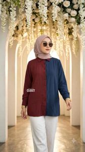 Two-Tone button-up shirt Cey crepe material collar long sleeves