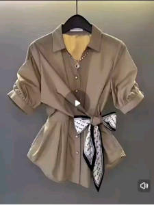 Baju pinggang lapel reka bentuk musim panas wanita rasa mewah mewah mewah mengurangkan usia atasan saiz besar