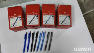 Faber Castell Click X5 10pcs 0.5mm & 0.7mm ball pen set in red boxes with blue and black pens displayed.