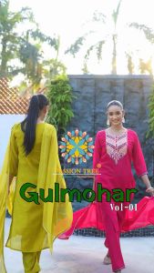 [INSTOCK Collection] Gulmohar Designer 3pcs Kurti Suit in Heavy Mal Chanderi with Cotton Inner Fancy Embroidery work and Laced Dupatta