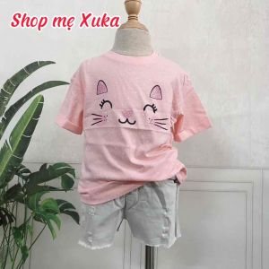 Áo thun cotton xuất khẩu Geejay bé gái hình mèo chấm bi
