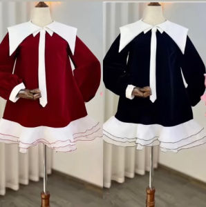 Váy nhung xoè phối tơ trắng cổ thủy thủ đính cavat phong cách tiểu thư