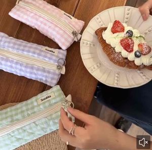 SG Korean Style Quilted Fabric Purple Pink Pencil Case Large Capacity Fresh Plaid Stationery Pouch