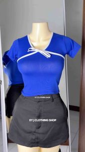 Darlly Ribbon Plunging Neckline Deep V Neck Short Sleeve Basic Casual Semi Crop Top Womenswear Comfortable