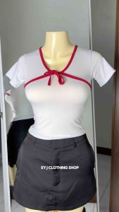 Dorly Rribbon Plunging Neckline Deep V Neck Short Sleeve Basic Casual Semi Crop Top Womenswear Comfortable