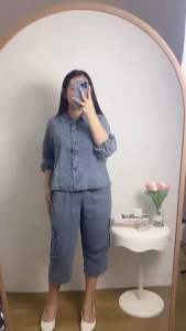 4355 SETELAN 7/8 KEMEJA JEANS CARGO WANITA|ONE SET LD110|ONE SET CELANA CARGO
