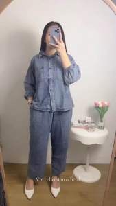 1584 SETELAN PP KEMEJA JEANS LENGAN KARET JUMBO WANITA|ONE SET LD120|SETELAN KEMEJA WANITA
