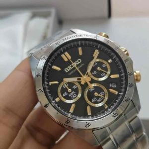Seiko Spirit Quartz Chronograph Mens Watch Japan Gold Black Dial Metal Strap - 40mm (SBTR015 )