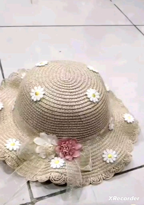 T.I - Topi Jerami Anak Perempuan Bunga Pita Beach Hat Import