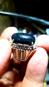 Cincin Perak Batu Black Opal Solid Super Quality Dim 19x10x5 mm
