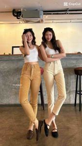 🐳Jeans Punny กางเกงยีนส์แฟชั่น ทรงบอยผ้าลูกฟูก ยีนส์ผู้หญิง ผ้ายืดตามตัว เอวสูงเหนื่อสะดือ ใส่สบ๊ายสบาย