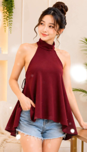 Angel-Bie Womens Halter Sleeveless Top Crepe Fabric Open Back Flowy Korean Fashion Maroon Black Rust Brown Pink Emerald