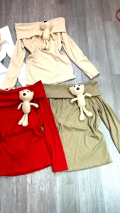 Sét chân váy tầng áo thun gân trễ vai kèm gấu